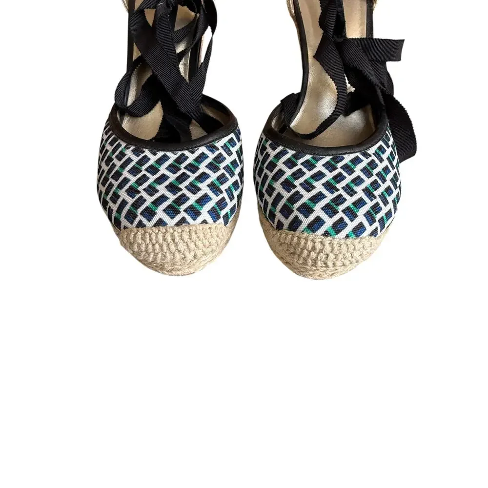 White House Black Market WHBM Preppy Fabric Espadrille Wedge Sandals 7.5